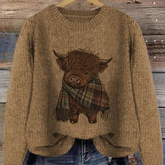 Brown Casual Women's Cow Print Crew Neck Pullover - Picture 1 of 7